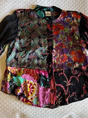 URU 100% Silk Patchwork Floral Paisley Blouse Jacket Made in the USA Women’s XL